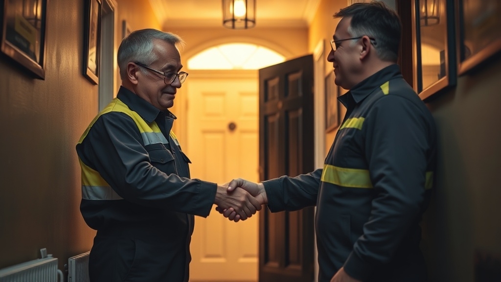Engineer shaking hands with a West Wimbledon homeowner after locating their leak